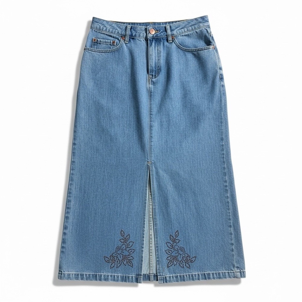 Y2K Liz Claiborne Jean Skirt Denim Midi Rhinestone Petite 4P Boho A-Line Cottage - Picture 3 of 10